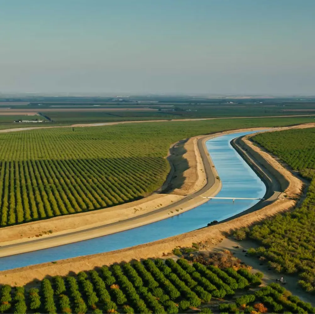 An aerial view of a California Aqueduct channel curving through orchards and farmland in the Central Valley — Odin Systems provides mobile surveillance and integrated video security across the Central Valley region.