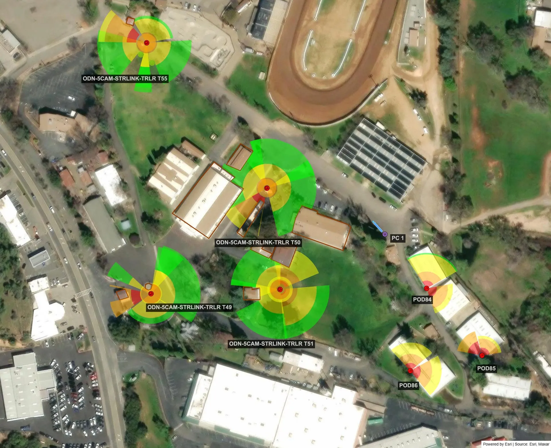 An Odin Systems coverage-design map — an aerial site plan showing camera trailer and pod placements with their coverage zones.
