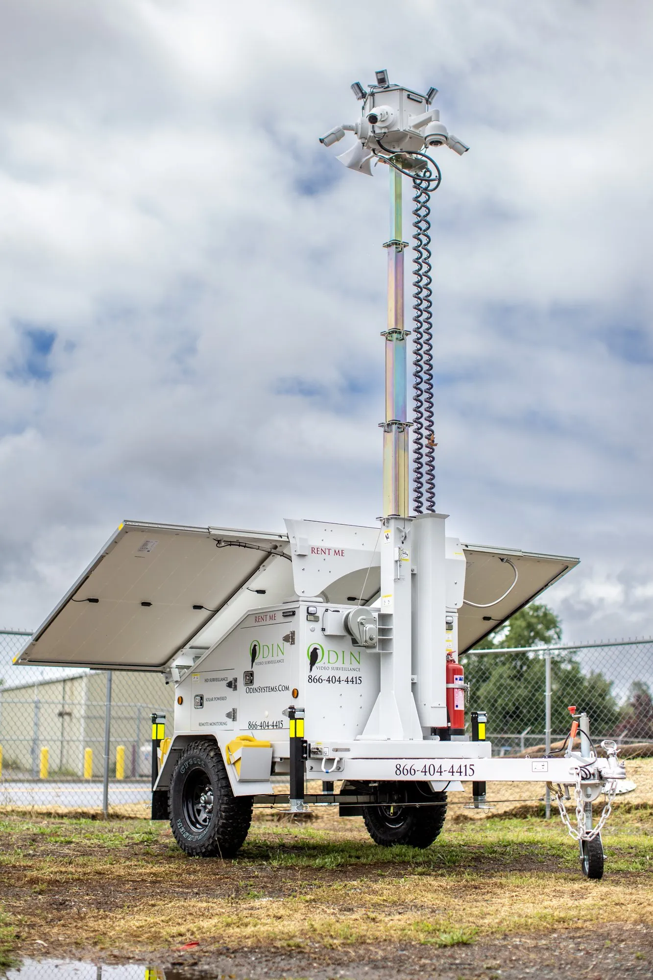 Odin Systems solar surveillance trailer deployed with its camera mast raised