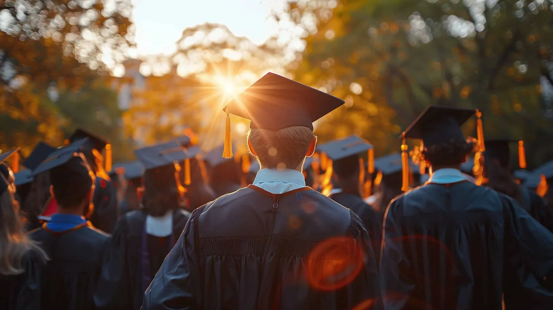 Graduates in caps and gowns at a commencement ceremony, backlit by golden late-day sun.