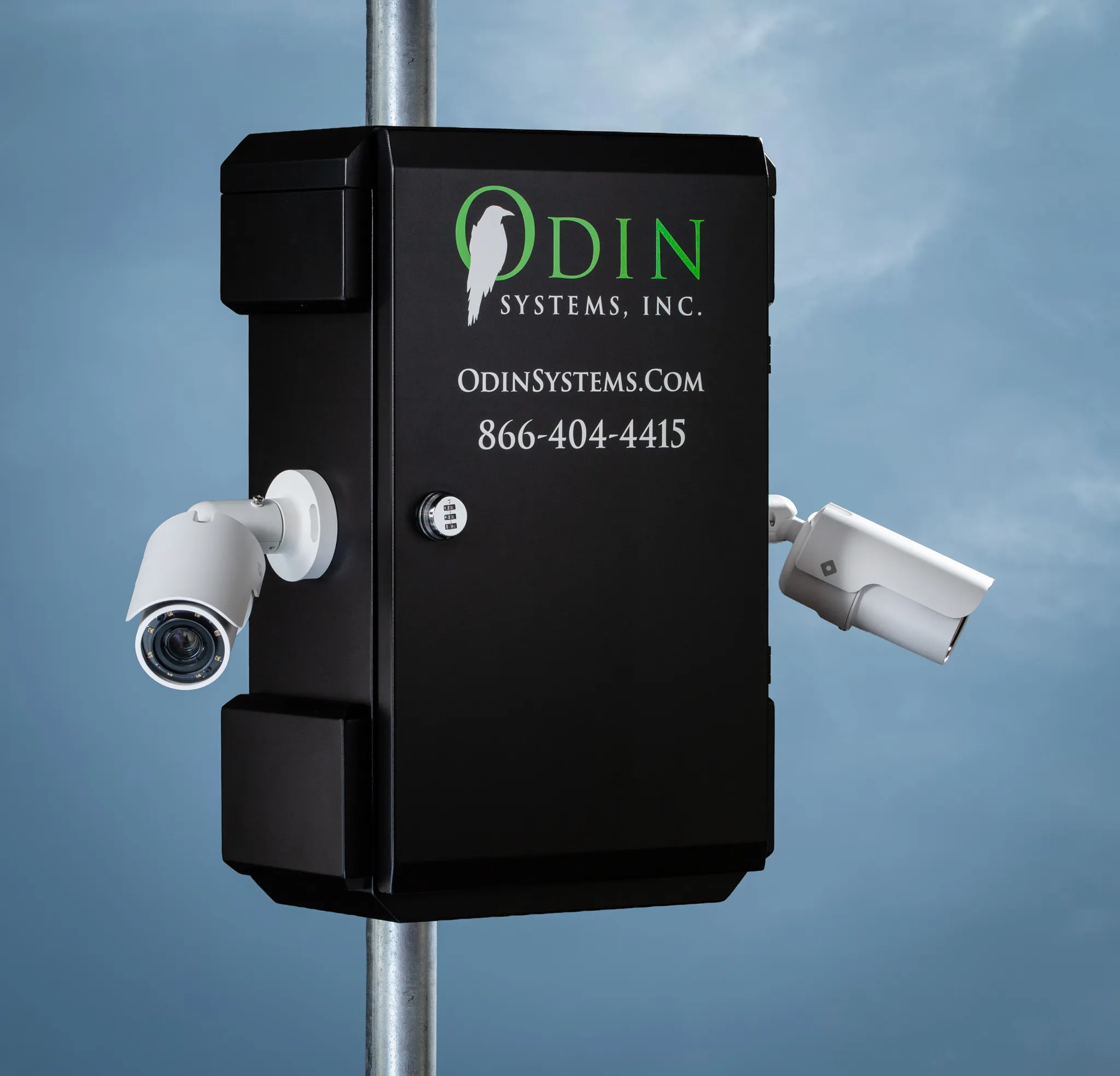 Odin Systems RVN Pod camera station mounted on a pole, with two 4K bullet cameras and the Odin-branded weatherproof enclosure.